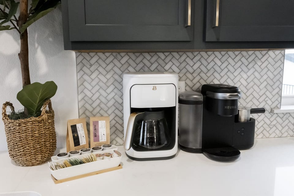 Regular coffee pot, keurig latte machine, French press, and coffee grinder