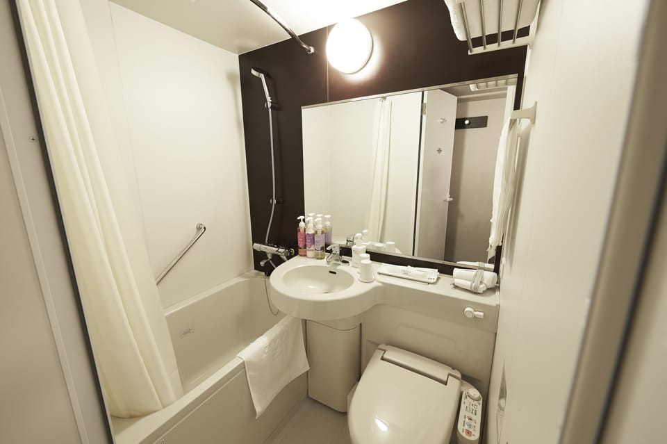 Combined shower/tub, hair dryer, slippers, electronic bidet