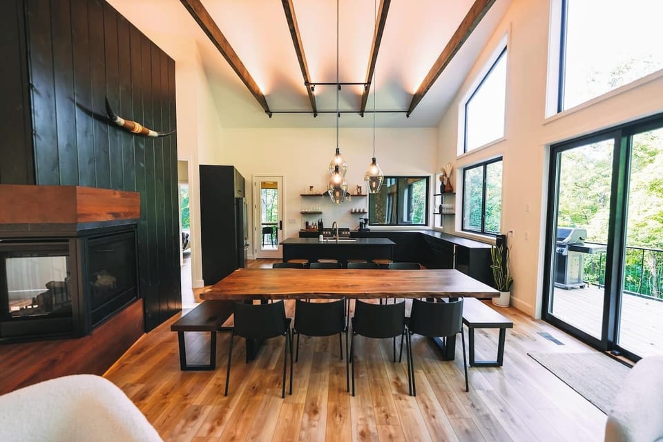 Dining room with custom black walnut table.
