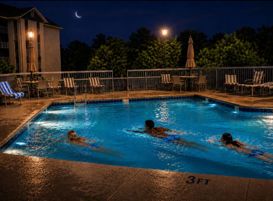 Swim after dark when the deck finally clears out. The outdoor pool stays open late right through the season, to 10 September.