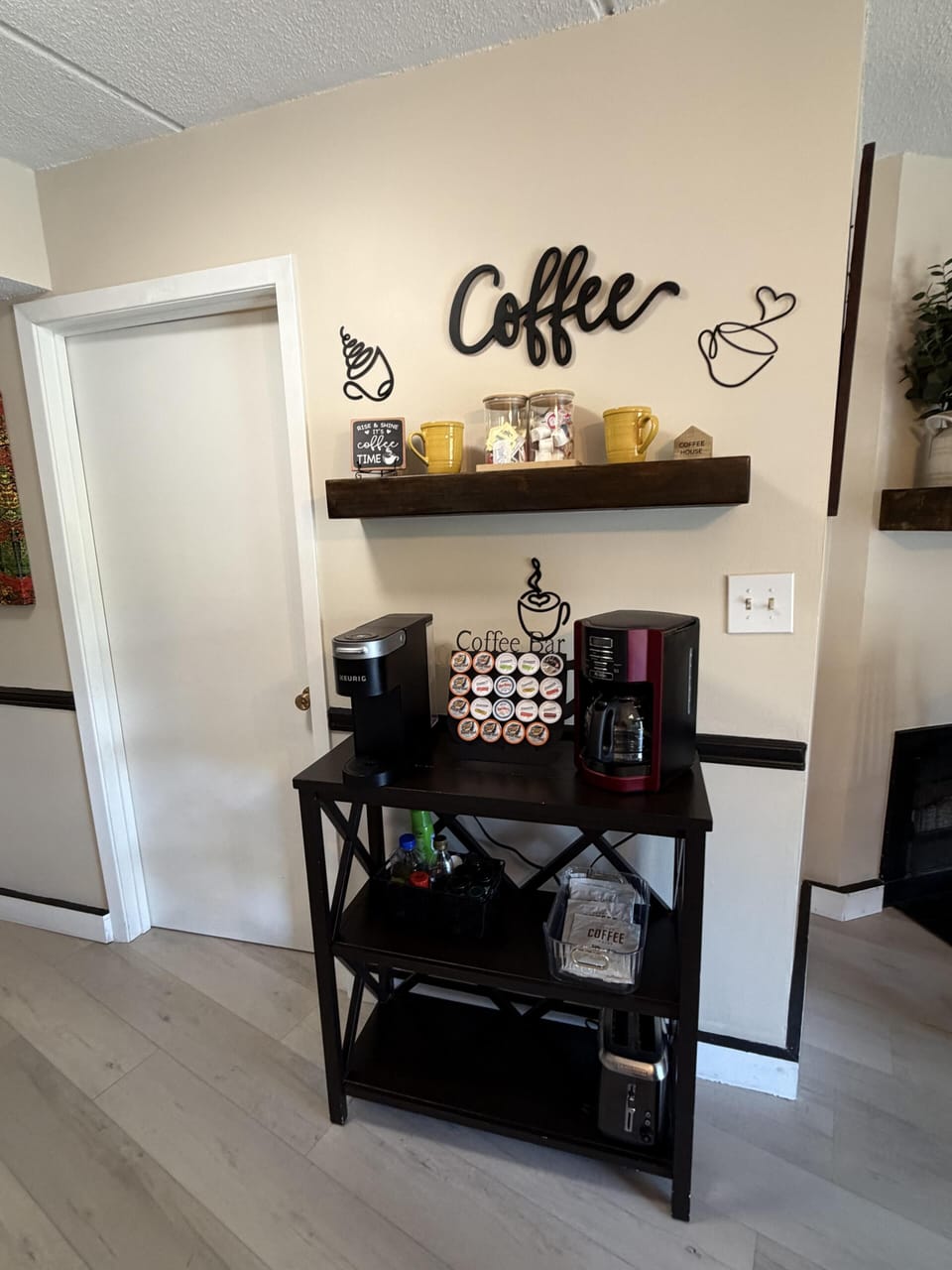 Dedicated coffee bar with Keurig, drip maker, and a full K-cup selection your morning is sorted