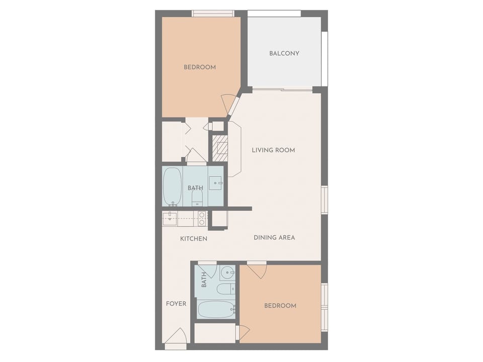 Easy-to-read floor plan..two spacious bedrooms and bathrooms plus an open kitchen/living/dining space