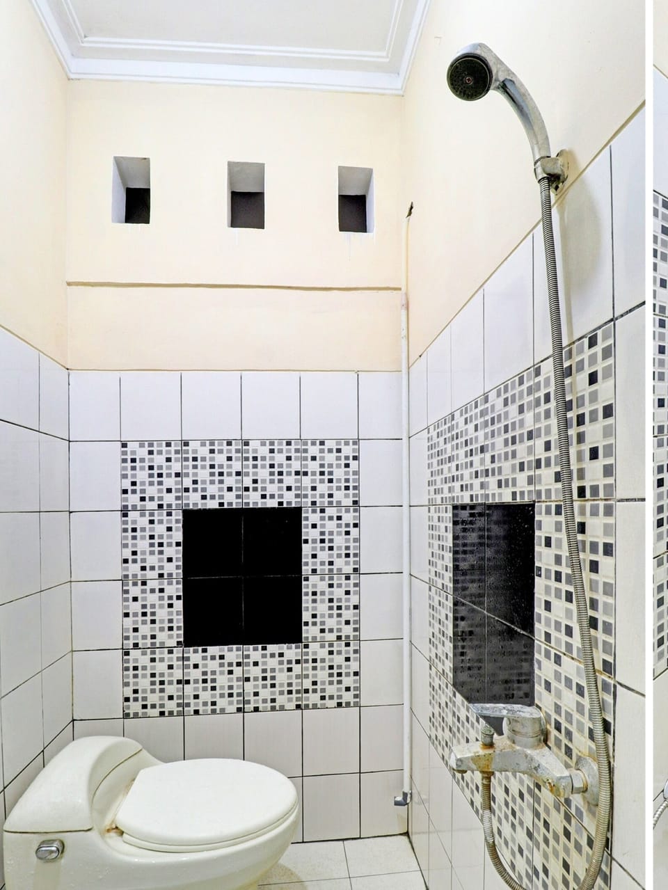 Shower, rainfall showerhead, towels, toilet paper