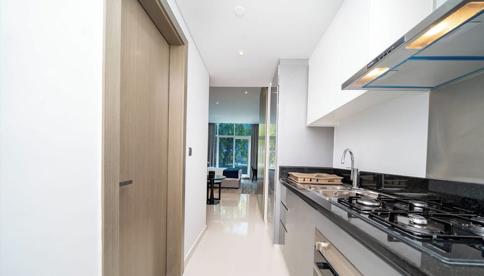 Deluxe Studio | Private kitchen | Full-size fridge, microwave, oven, electric kettle