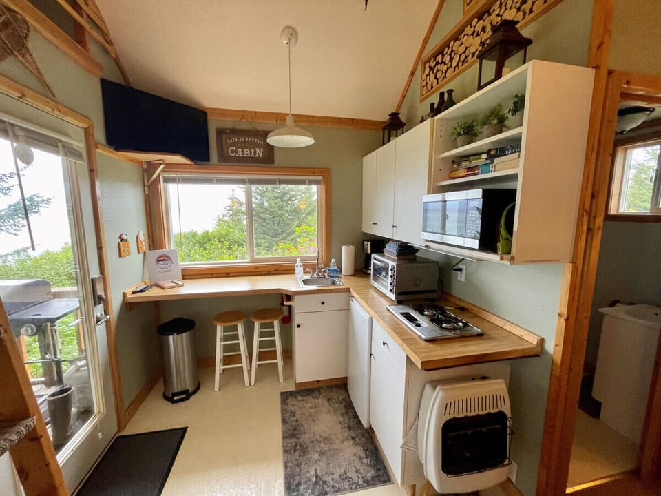Kitchenette includes under counter fridge, microwave, two-burner stove, toaster oven, coffee maker, dishes & cooking essentials