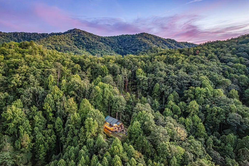 Nestled in a breathtaking sea of trees, Grillin Bear Lodge offers a serene escape with stunning views of the Smoky Mountains.
