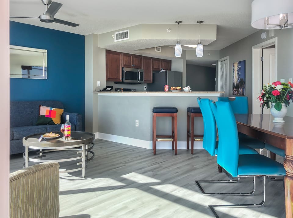 The open living and kitchen areas are perfect for hanging out.
