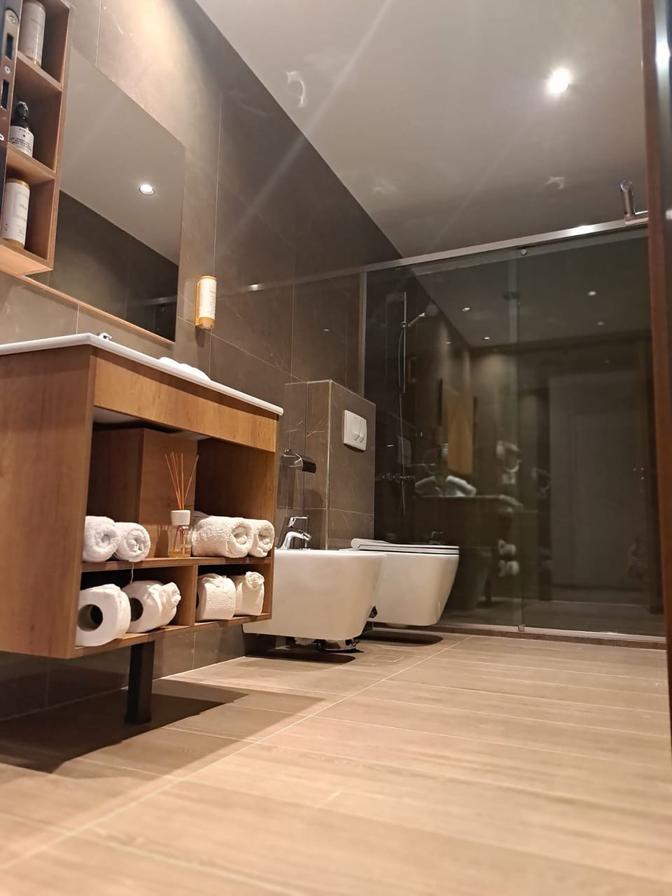 Shower, eco-friendly toiletries, hair dryer, bathrobes