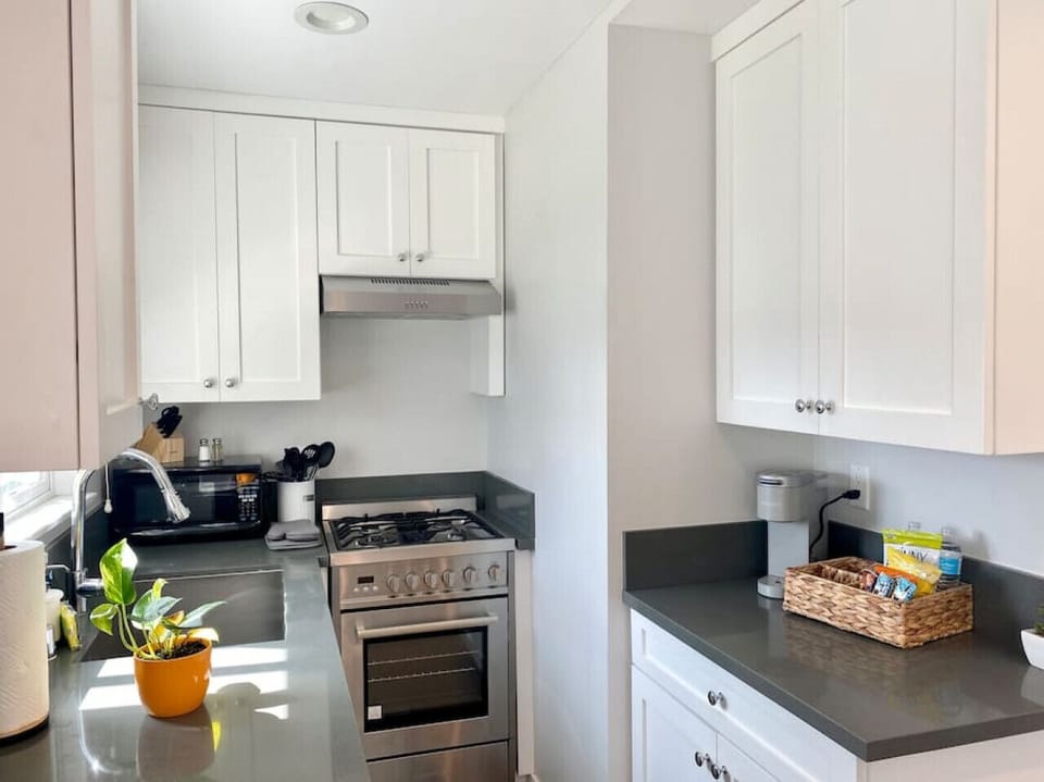Gas stove and stainless steel appliances. Fully stocked kitchen.