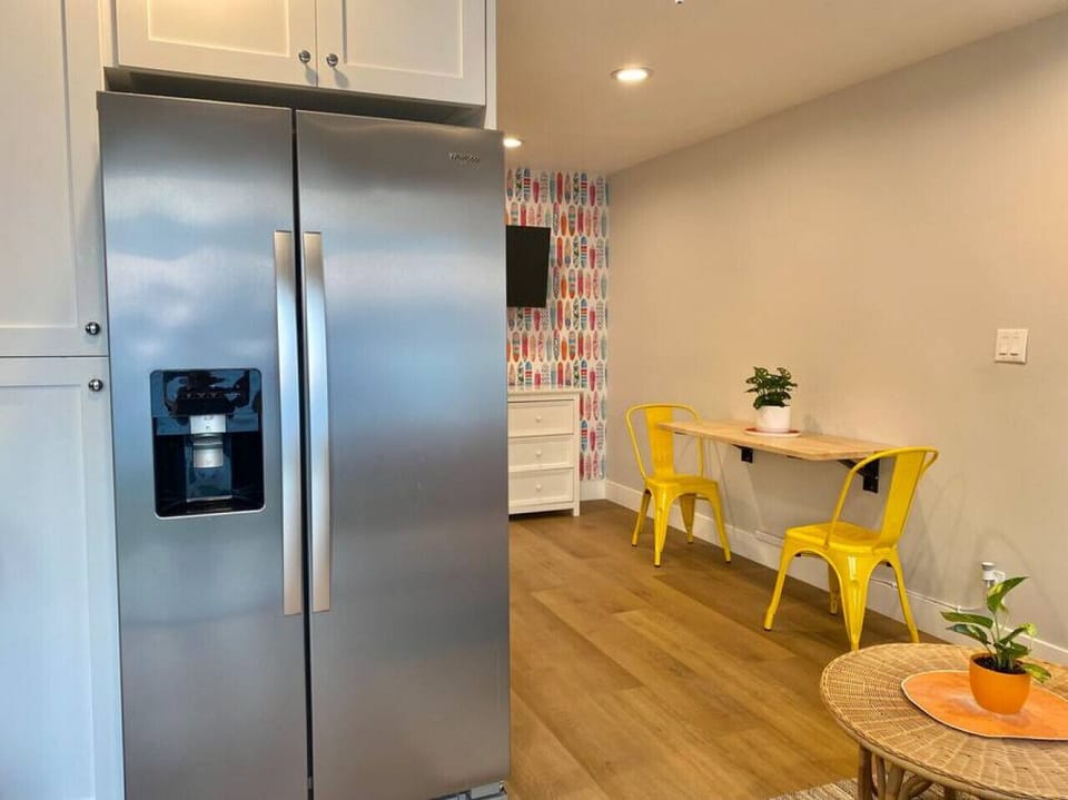 Large refrigerator/freezer and lots of cabinet space. Fully stocked.