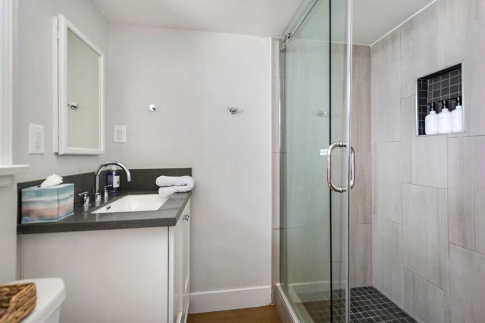 Bathroom - Walk in shower. Shampoo, condition and body soap provided for your stay.