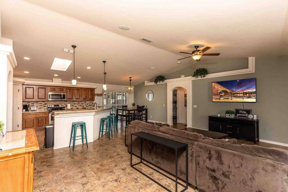 Spacious living room and open kitchen