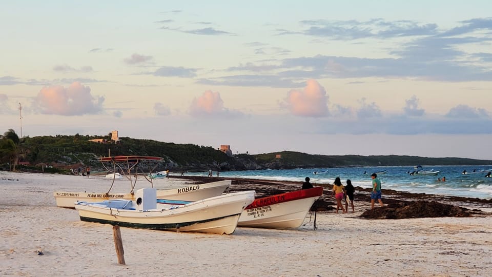 Tulum beach, ruins in distance.