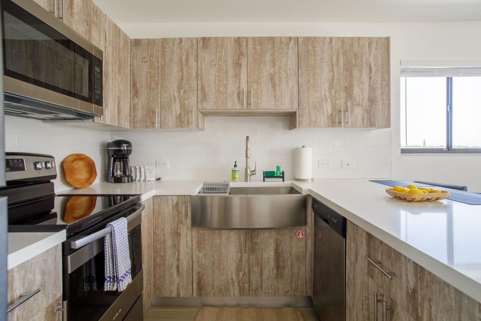 Close up of the remodeled kitchen with all new appliances!