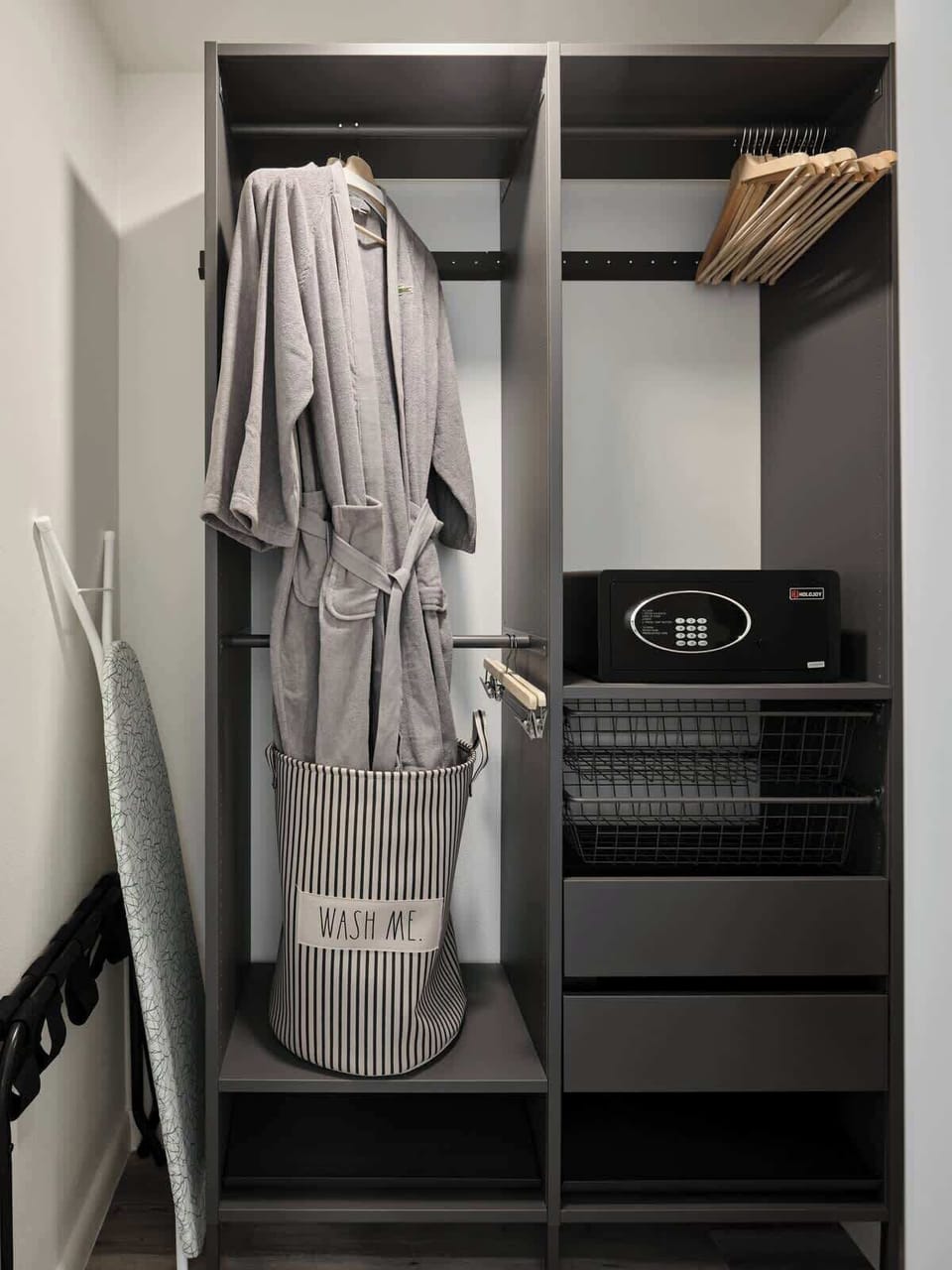 Our walk-in closet provides everything you need for a comfortable stay, including robes, a safe, iron, ironing table, hair dryer, luggage rack, and a full body mirror.