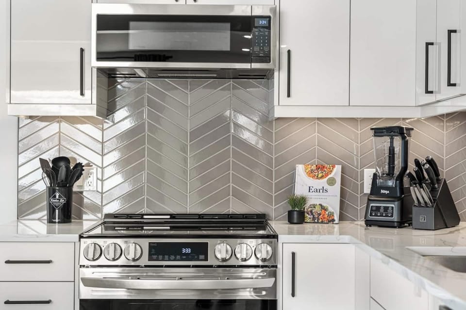 The kitchen is stocked with basic starter items such as coffee, salt, pepper, cooking oil, paper towel, dishwasher pods, and garbage bags. Typically enough for about one week of use.