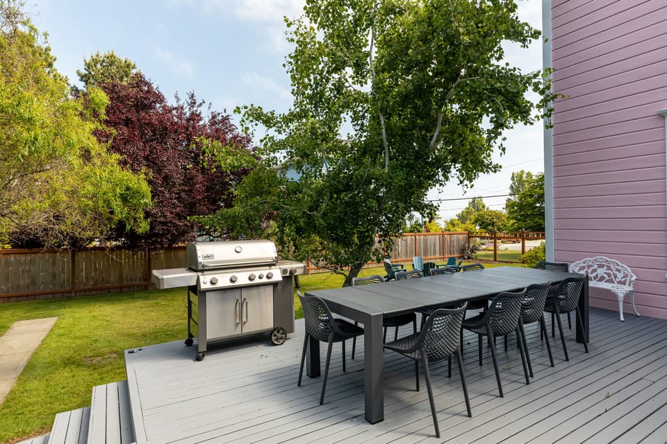 Grill is available April - October. Large outdoor table and seating for 10.