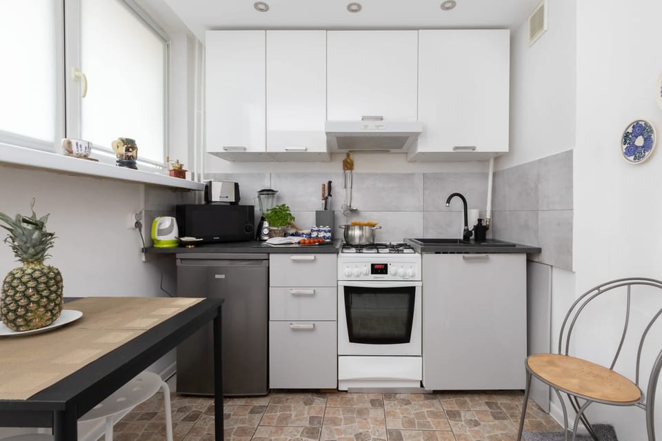 Kitchenette with plenty of kitchen utensils and dishes. 