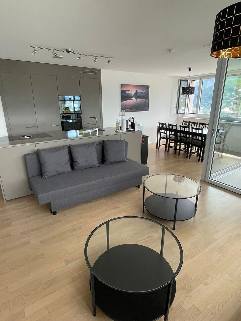 Integrated kitchen and living area with contemporary furniture.
