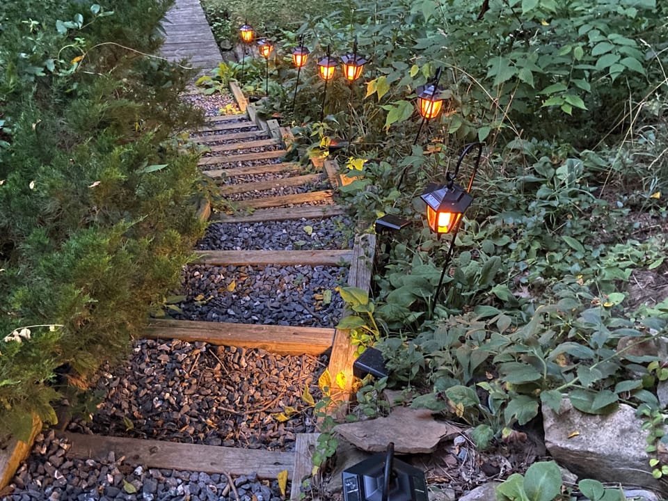 Lit pathway to back yard