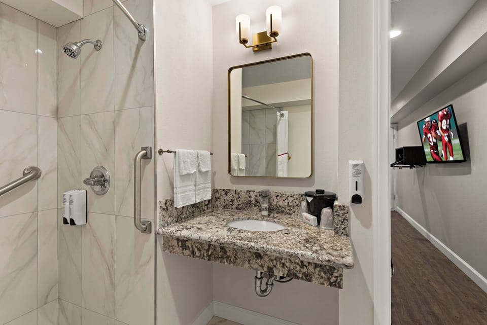 Standard Room, 1 Queen Bed, Roll-in Shower, Non Smoking | Bathroom | Free toiletries, towels, shampoo, toilet paper