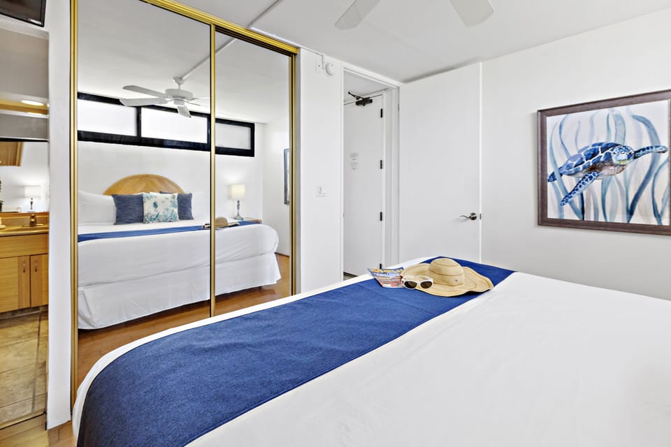Bright bedroom with blue tones