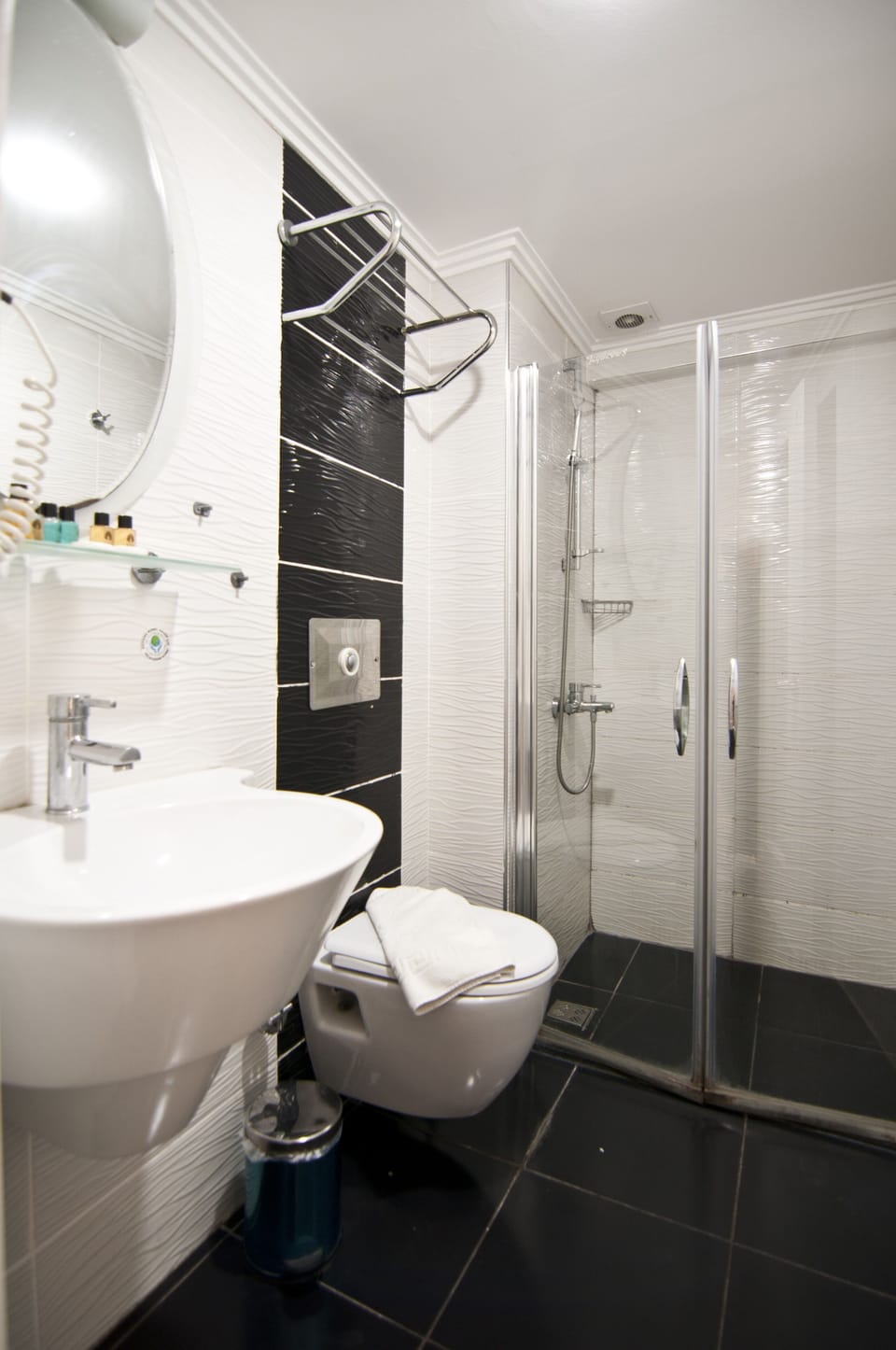 Shower, rainfall showerhead, hair dryer, slippers