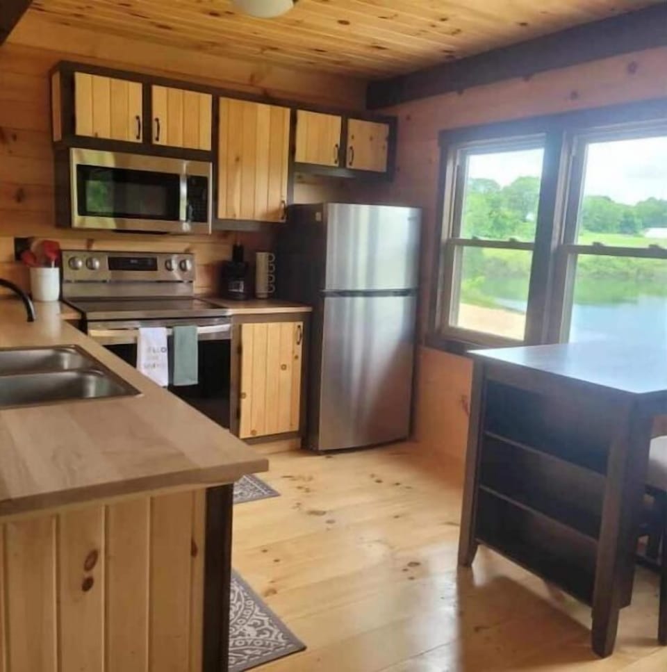The kitchen, showcasing a view of the lake.
