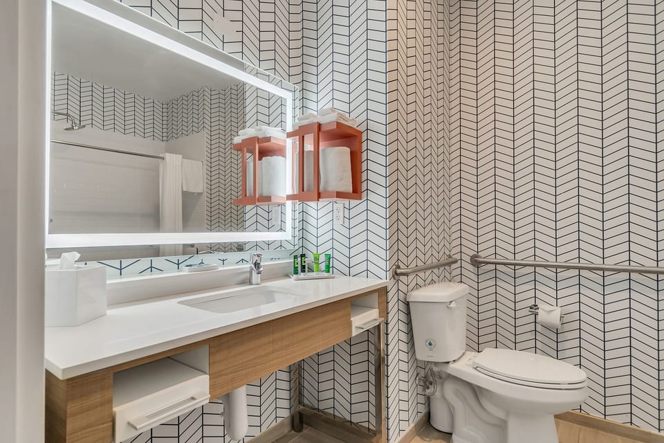 Hair dryer, towels, soap, shampoo