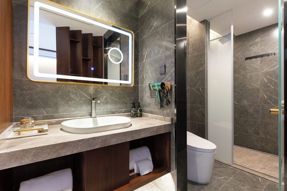 Shower, rainfall showerhead, hair dryer, slippers