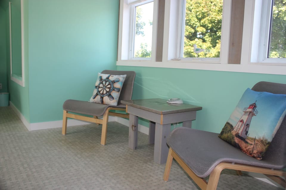 Seating area in bedroom .