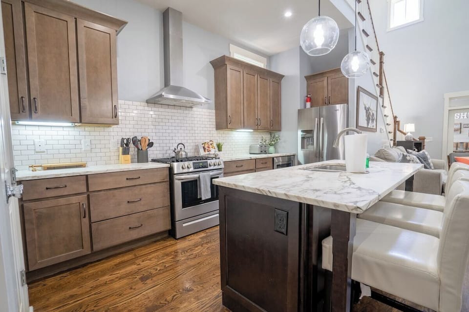 Kitchen area with island and seating