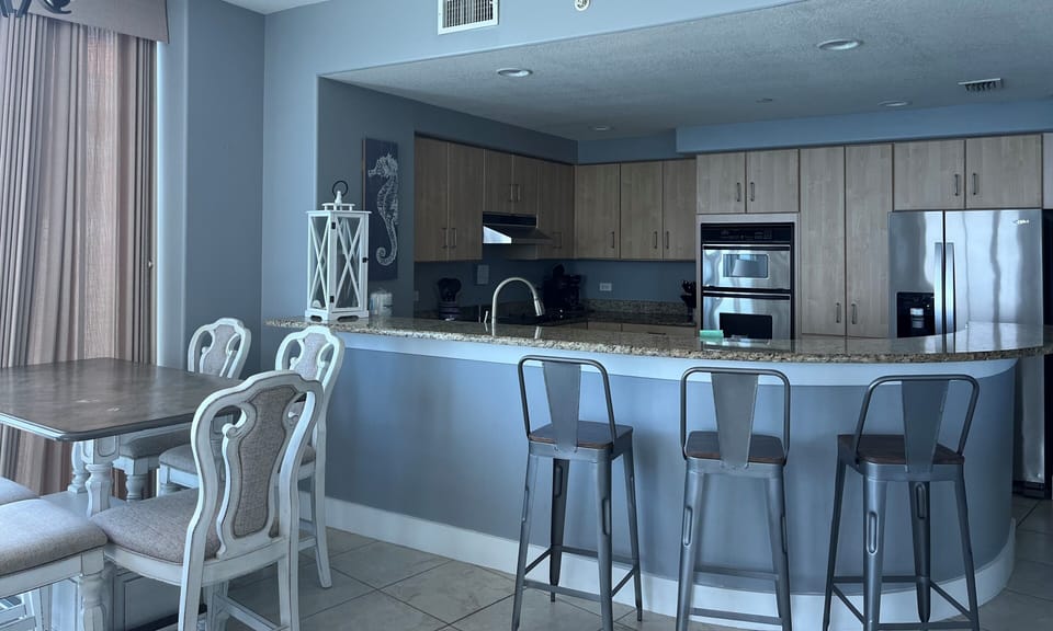 Dining room table and bar.