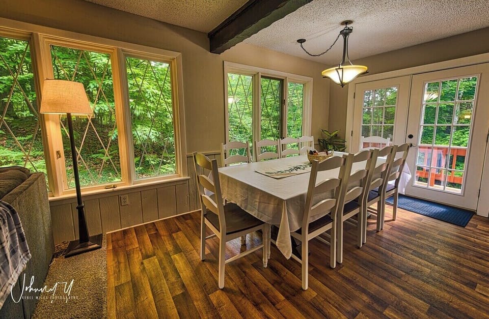 The rustic farmhouse table can seat 10