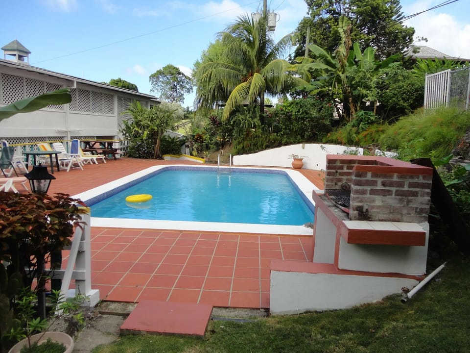 Pool terrace - ideal for BBQ's.  Convenient outdoor shower and full bathroom.