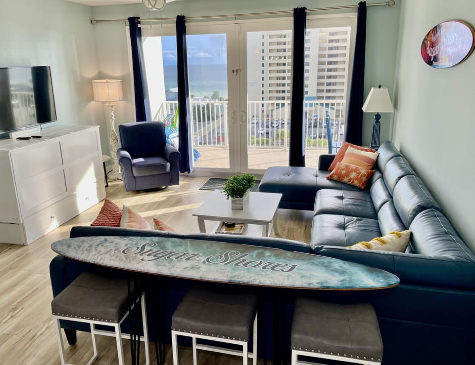 Stunning Gulf of Mexico views, while sitting at the custom made surfboard table.