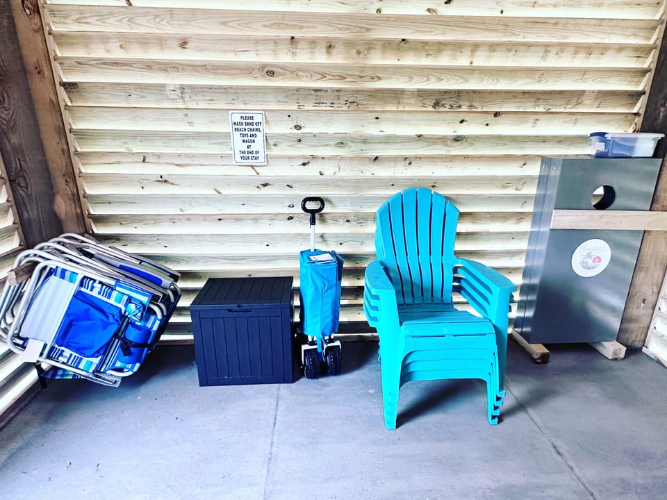 Custom cornhole boards, sand pails/shovels, 4 low sitting beach chairs and wagon