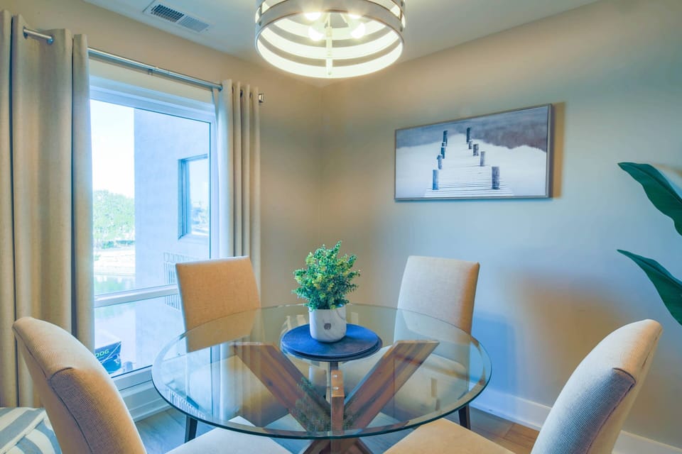 The dining table seats 4.
