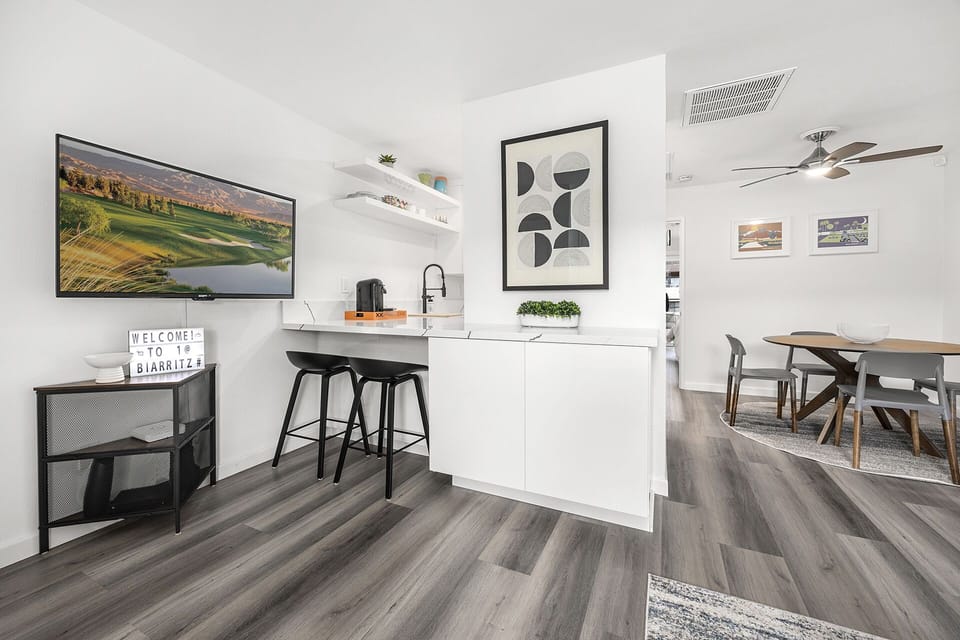 - Palm Springs condo with smart TV corner and cozy breakfast bar seating area   - Relax indoors after swimming or exploring desert trails nearby   - Perfect blend of comfort and function for couples or small groups