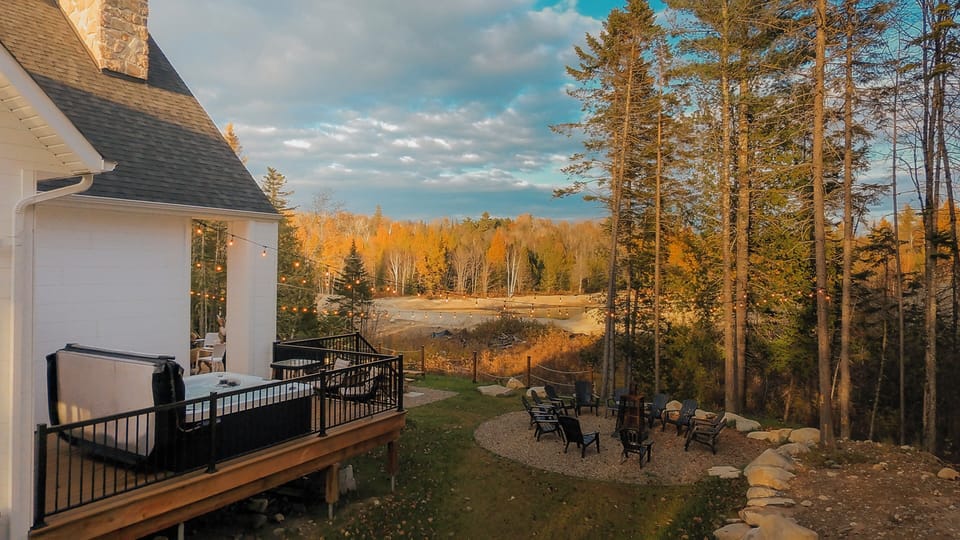 View of the outdoor terrace with a fire pit