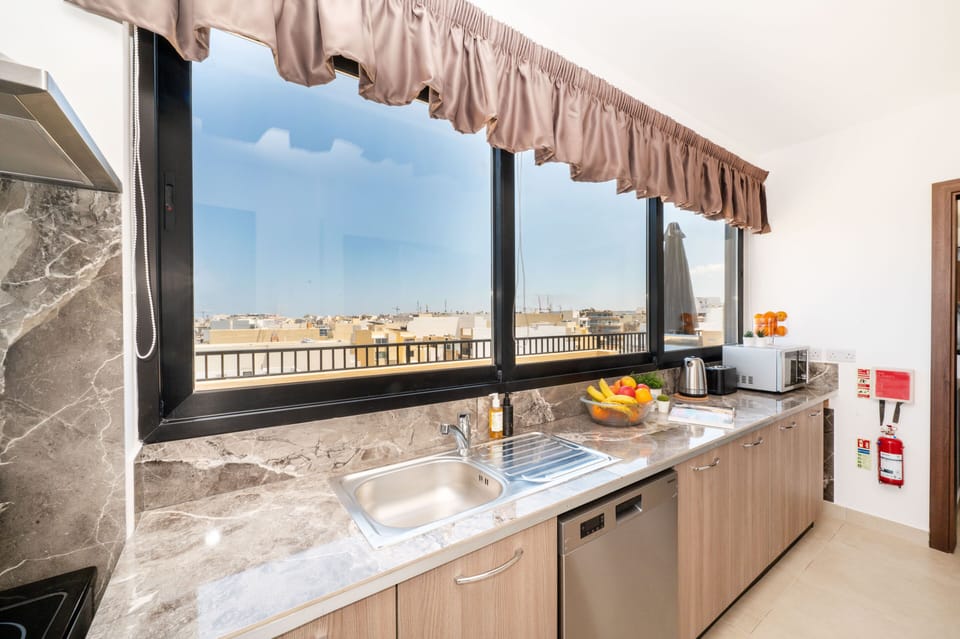 Panoramic Apartment | Private kitchen | Full-size fridge, microwave, oven, stovetop