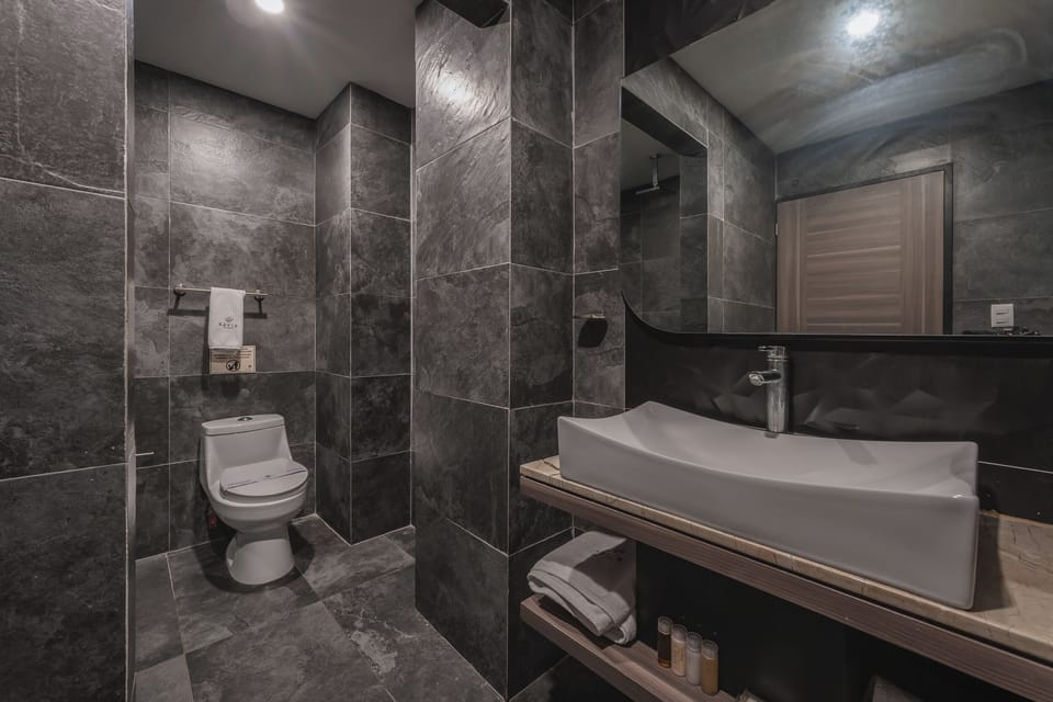 Shower, rainfall showerhead, free toiletries, hair dryer
