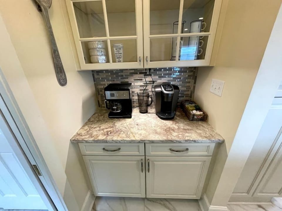 The coffee bar. Your choice of Coffe makers. We have an assortment of coffees to choose from. 