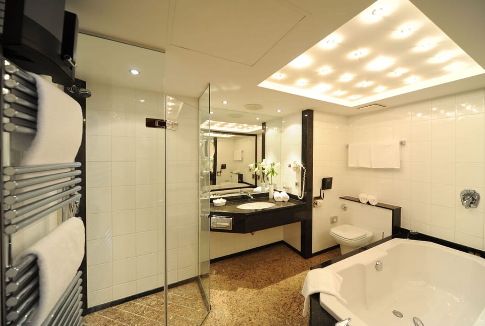 Suite | Bathroom | Hair dryer, towels, soap, shampoo