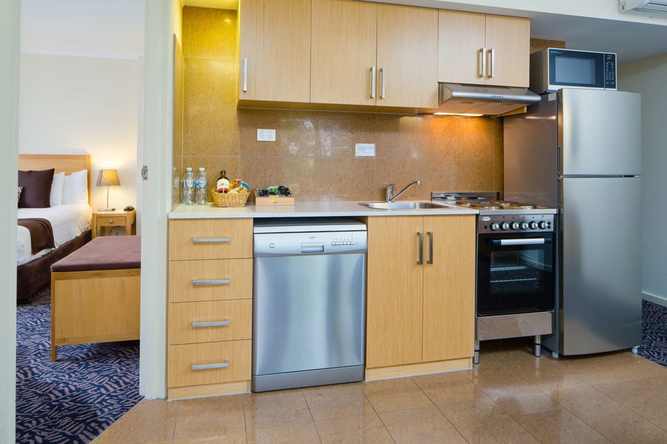 Fridge, coffee/tea maker, electric kettle, toaster