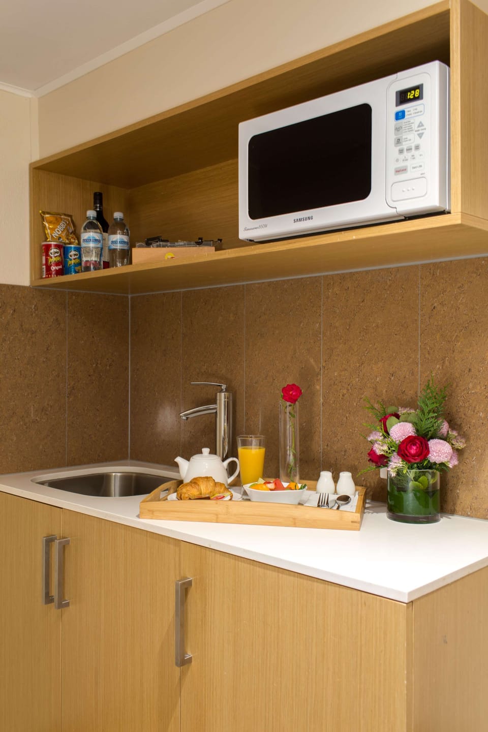 Fridge, coffee/tea maker, electric kettle, toaster