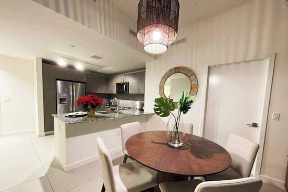 View from the living room towards the dinning table and kitchen.