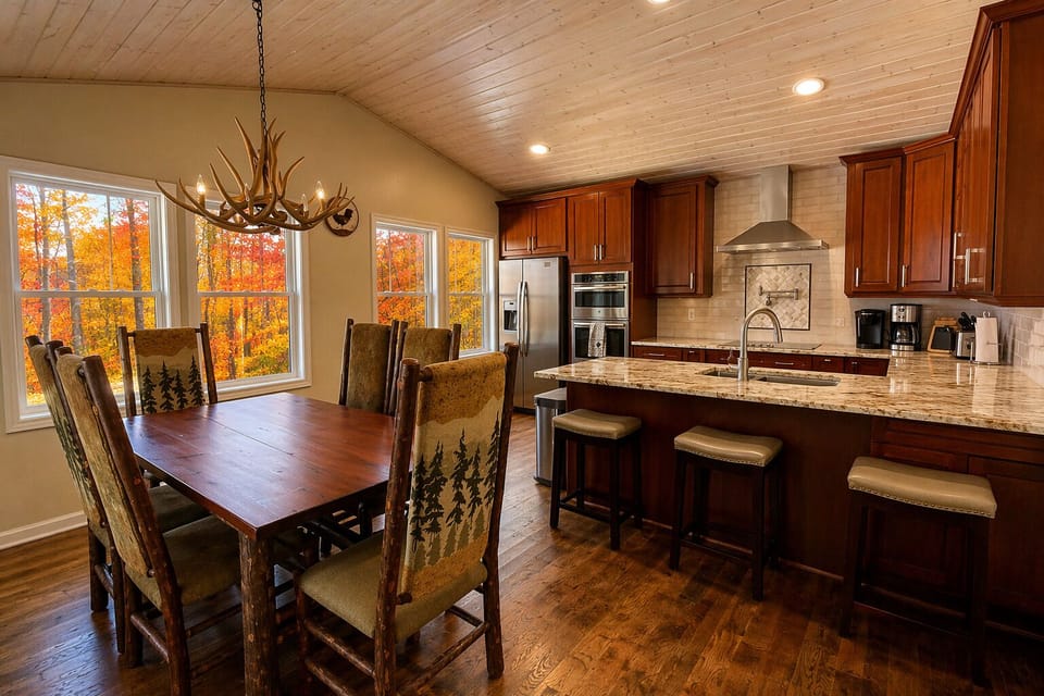 Kitchen - dining table, 6 chairs, 3 stools.  Additional dining table upper deck.