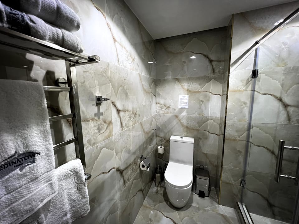 Shower, hydromassage showerhead, hair dryer, bathrobes