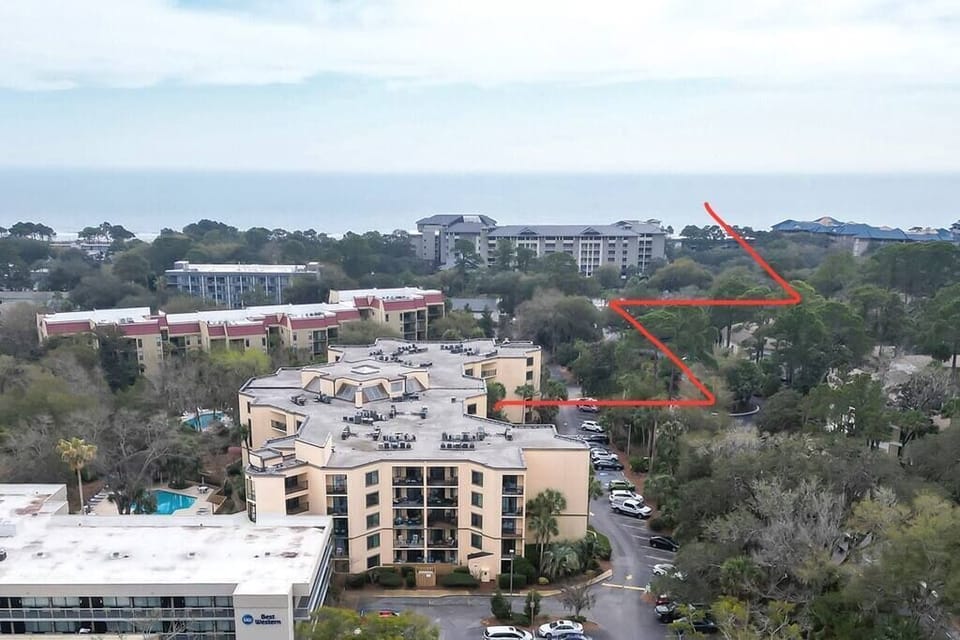Drone view of 5 minute walk to Forest Beach from our villa